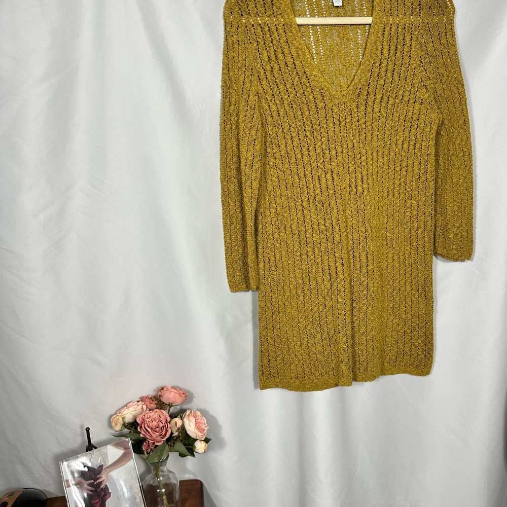 J Jill Cozy V-Neck Open Knit Sweater Dress in Chartreuse Y2K Soft Grunge Layer